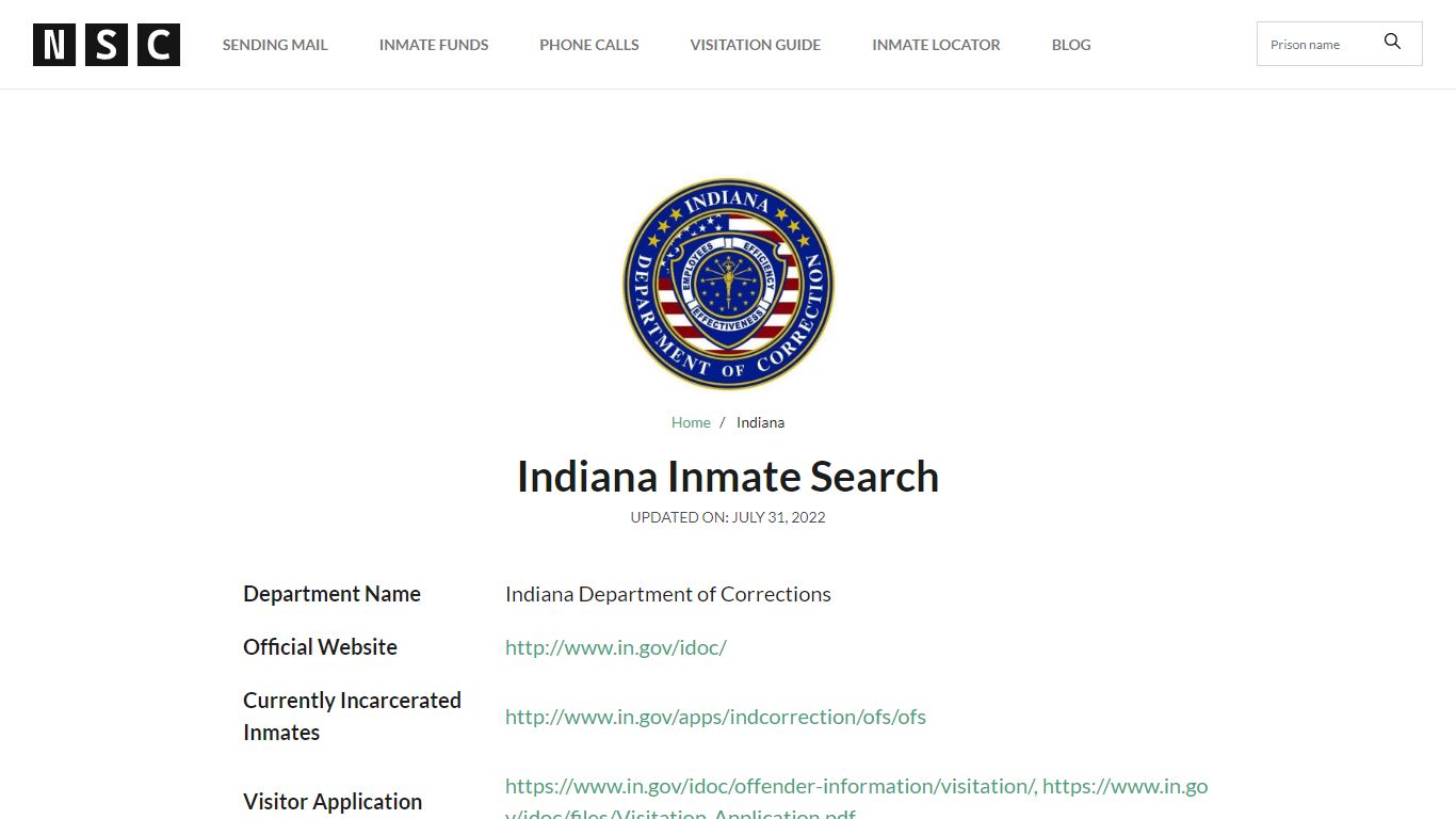 Indiana Inmate Search – Indiana Department of Corrections ...